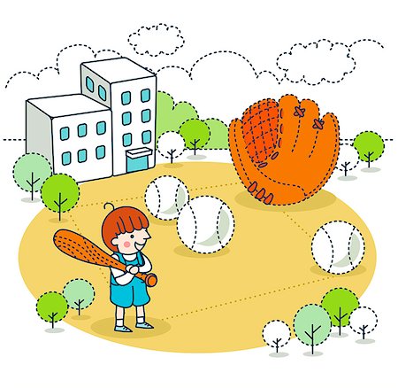 school and illustration - Baseball player in front of school building Stock Photo - Premium Royalty-Free, Code: 6111-06727658