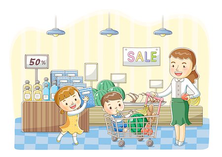 Illustration of mother shopping with two kids Stock Photo - Premium Royalty-Free, Code: 6111-06728081