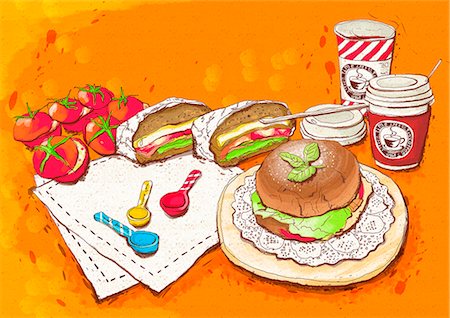 food and fast food - Illustration of hamburger and coffee cup Stock Photo - Premium Royalty-Free, Code: 6111-06728003