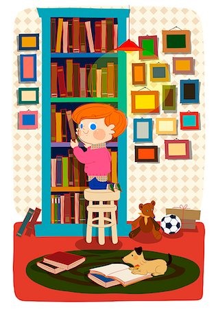 education illustrations - Illustration of a boy and bookshelf Stock Photo - Premium Royalty-Free, Code: 6111-06728682