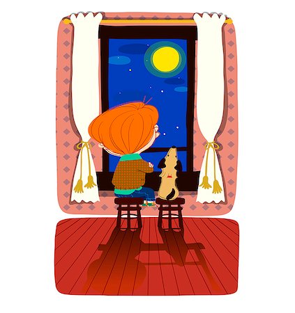 Illustration of a boy with his pet looking out of the window at night Stock Photo - Premium Royalty-Free, Code: 6111-06728684