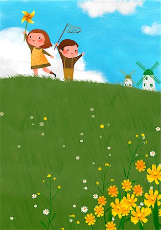 Boy And Girl On Top Of Green Hill Stock Photo - Premium Royalty-Free, Code: 6111-06729054