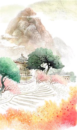 roses illustration - Pagoda And Mountain Foto de stock - Sin royalties Premium, Código: 6111-06729033