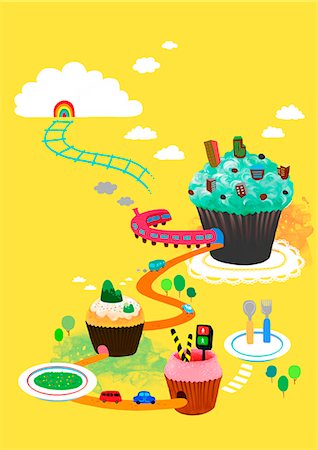 foods illustration - Train Travelling Through Cup Cake Stock Photo - Premium Royalty-Free, Code: 6111-06729118