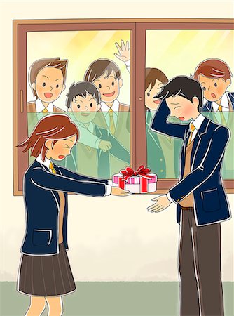 picture kid sad window - Girl giving gift to boy while students looking from window Stock Photo - Premium Royalty-Free, Code: 6111-06837507