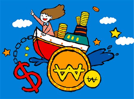 dollar signs with boat - Girls in a boat with coins Stock Photo - Premium Royalty-Free, Code: 6111-06837628