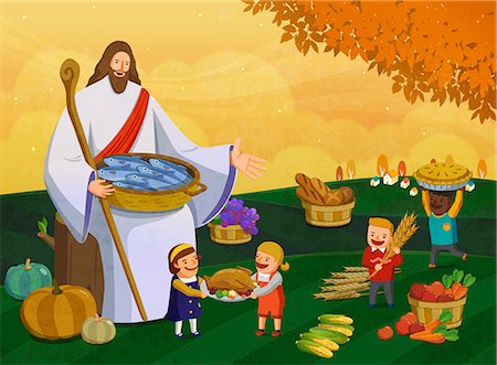 five animals - Jesus christ among children celebrating thanksgiving day Photographie de stock - Premium Libres de Droits, Code: 6111-06838695