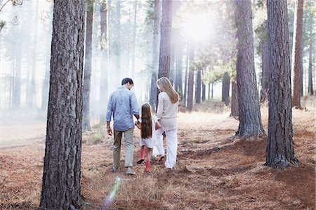 simsearch:6113-06498556,k - Family holding hands and walking in sunny woods Stock Photo - Premium Royalty-Free, Code: 6113-06498042