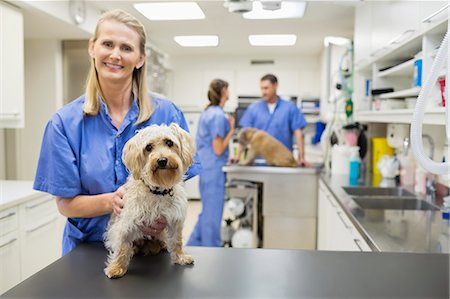 simsearch:6113-06626455,k - Veterinarian smiling with dog in vet's surgery Foto de stock - Sin royalties Premium, Código: 6113-06626524