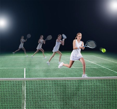 simsearch:640-06050635,k - Multiple exposure of tennis player hitting ball on court Stock Photo - Premium Royalty-Free, Code: 6113-06909288
