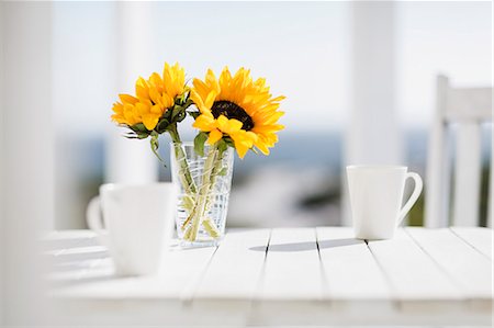 foods on table - Vase of flowers and coffee cups on kitchen table Stock Photo - Premium Royalty-Free, Code: 6113-07160812