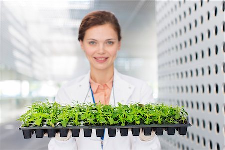 simsearch:6113-07589172,k - Portrait of botanist holding tray of plant saplings Stock Photo - Premium Royalty-Free, Code: 6113-07589049