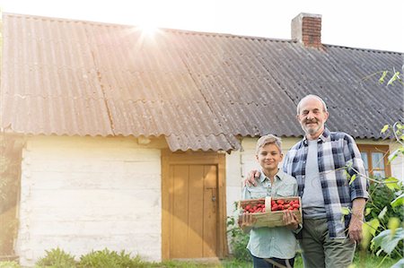 Portrait proud grandfather and grandson with harvested strawberries Photographie de stock - Premium Libres de Droits, Code: 6113-08220468