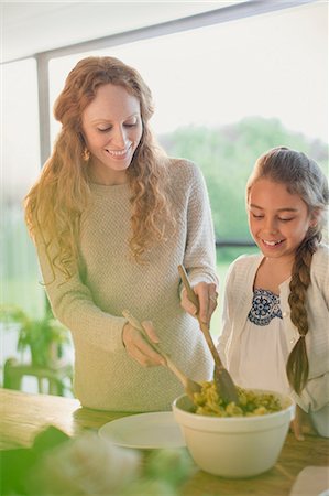 simsearch:6113-07147647,k - Mother serving food for daughter at table Stock Photo - Premium Royalty-Free, Code: 6113-08722036