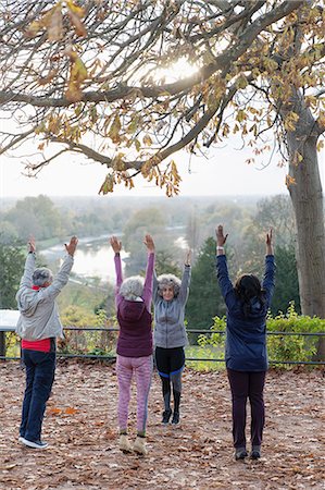 seniors yoga class - Active seniors practicing yoga, stretching in autumn park Stock Photo - Premium Royalty-Free, Code: 6113-09157578