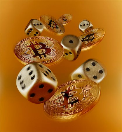 simsearch:700-05452103,k - Golden Bitcoins and dice Stock Photo - Premium Royalty-Free, Code: 6113-09160202