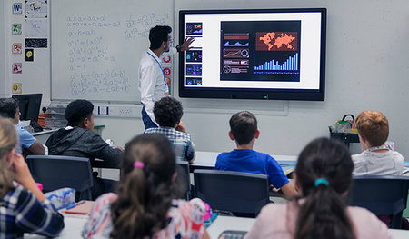 Male teacher leading lesson at touch screen television in classroom Stock Photo - Premium Royalty-Free, Code: 6113-09240447