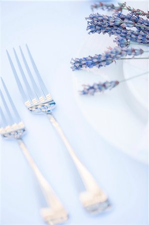 fine dining restaurant - Table setting with forks and lavender flowers Stock Photo - Premium Royalty-Free, Code: 6115-07282841