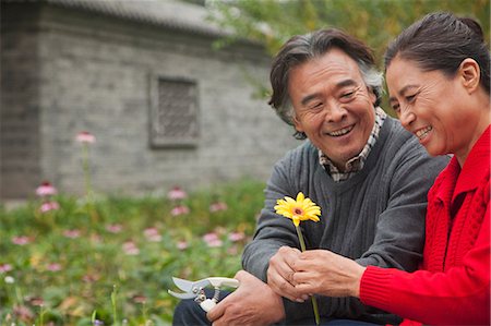 senior couple garden - Happy Senior couple with flower Stock Photo - Premium Royalty-Free, Code: 6116-07086008