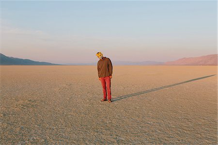 strano - The Landscape Of The Black Rock Desert In Nevada. A Man Wearing An Animal Mask. Casting A Long Shadow On The Ground. Fotografie stock - Premium Royalty-Free, Codice: 6118-07122047