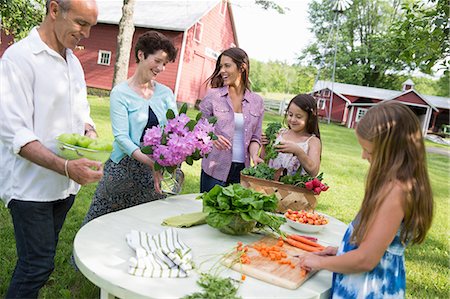 purple floral arrangement - Family Party. A Table Laid With Salads And Fresh Fruits And Vegetables. Parents And Children. Stock Photo - Premium Royalty-Free, Code: 6118-07122186