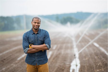 simsearch:6118-07203696,k - An organic vegetable farm, with water sprinklers irrigating the fields. A man in working clothes. Stock Photo - Premium Royalty-Free, Code: 6118-07203713
