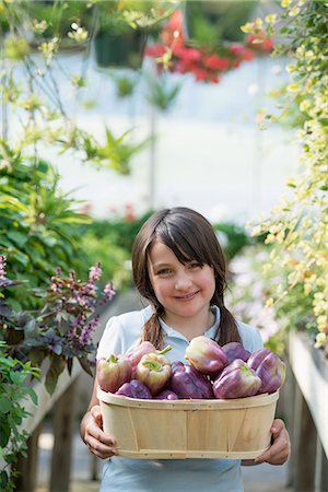 simsearch:6118-07351124,k - Summer on an organic farm. A girl holding a basket of fresh bell peppers. Stock Photo - Premium Royalty-Free, Code: 6118-07351132