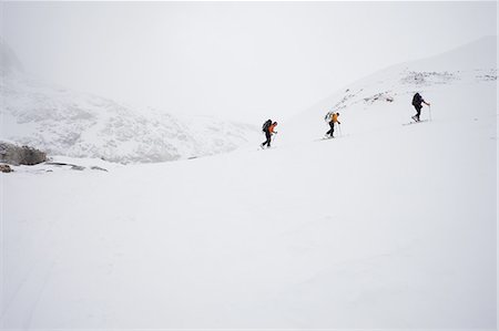 ski touring - Three skiers ascending a ridge in mist and cloud conditions on the Wapta Traverse, a mountain hut to hut ski tour in Alberta, Canada. Stock Photo - Premium Royalty-Free, Code: 6118-07351696