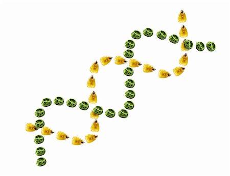 simsearch:6118-07352322,k - A double helix, intertwined spiral of small yellow corn maize kernels and dried peas, symbolising genetic engineering and research and food production. Stock Photo - Premium Royalty-Free, Code: 6118-07351740