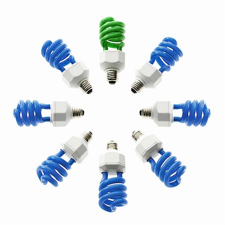 simsearch:6118-07352322,k - An arrangement of energy efficient coil light bulbs arranged in a circle, with one green one standing out. Stock Photo - Premium Royalty-Free, Code: 6118-07351729