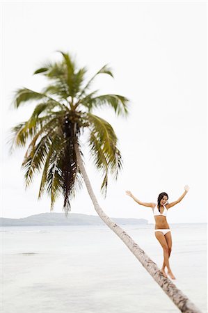 A woman balancing on a leaning palm tree in Las Galeras, Samana Peninsula, Dominican Republic. Stock Photo - Premium Royalty-Free, Code: 6118-07352415