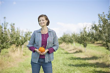 single fruits tree - A woman in a plaid shirt holding an orange pumpkin or squash in her cupped hands, at an organic fruit farm. Stock Photo - Premium Royalty-Free, Code: 6118-07353012