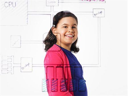 drawing of computer - A young girl looking at a drawing of a computer motherboard circuit drawn on a see through clear surface. Stock Photo - Premium Royalty-Free, Code: 6118-07354253