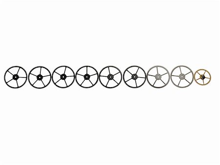 simsearch:6118-07354031,k - Watch gears, small precision made cog wheels with spokes and fine teeth or notches around the edge. Arranged in a neat row. Stock Photo - Premium Royalty-Free, Code: 6118-07440740