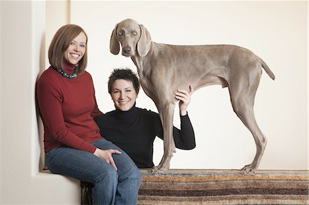 free style - A same sex couple, two women posing with their Weimaraner pedigree dog. Photographie de stock - Premium Libres de Droits, Code: 6118-07440849