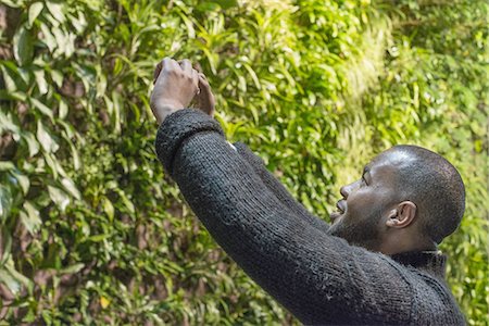 simsearch:6118-07203820,k - A man taking an image on his mobile phone, of a wall covered in lush foliage. Stock Photo - Premium Royalty-Free, Code: 6118-07441046