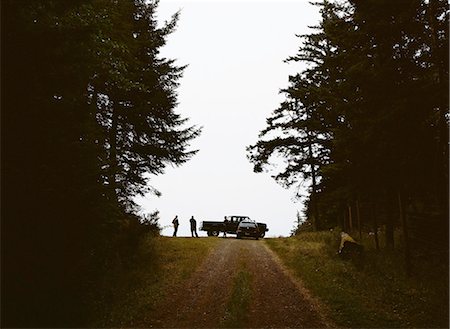 simsearch:6118-07441027,k - A cranberry farm in Massachusetts. A farm road with a vehicle parked at the top. Two people in silhouette. Photographie de stock - Premium Libres de Droits, Code: 6118-07441031