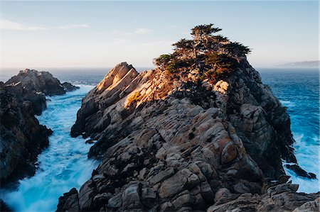 simsearch:6118-07353866,k - Dramatic cliffs and coastline at dusk in the Point Lobos State Reserve on the Pacific coastline. White foaming water. Stock Photo - Premium Royalty-Free, Code: 6118-08001536