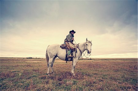 A working cowboy seated on a grey horse. Photographie de stock - Premium Libres de Droits, Code: 6118-08023773