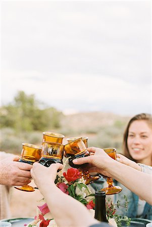 simsearch:6118-08140197,k - A group of women raising their glasses to toast each other at an outdoor meal. Stock Photo - Premium Royalty-Free, Code: 6118-08140193