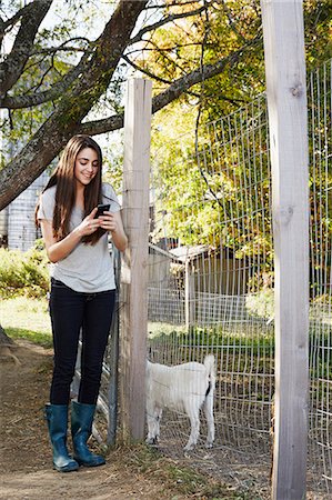 farm phone - A young woman looking at her cellphone next to a kid goat in a pen. Stock Photo - Premium Royalty-Free, Code: 6118-08842027