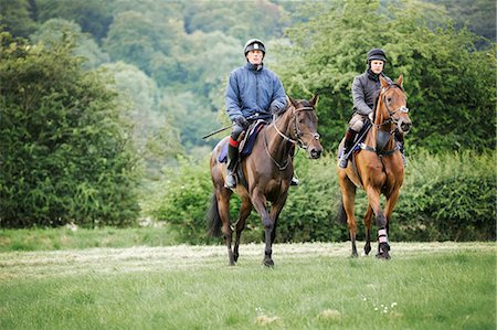 Two men on bay horses riding across a field side by side. Woodland. Stock Photo - Premium Royalty-Free, Code: 6118-08882882