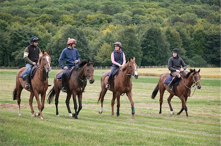 simsearch:6102-08542382,k - A string or group of riders on thoroughbred horses riding along a path. Racehorses in training. Routine exercise. Stock Photo - Premium Royalty-Free, Code: 6118-08882889