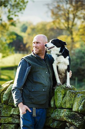 simsearch:400-05724021,k - A sheep farmer, shepherd and his sheepdog standing beside him on a dry-stone wall. Stock Photo - Premium Royalty-Free, Code: 6118-08928272