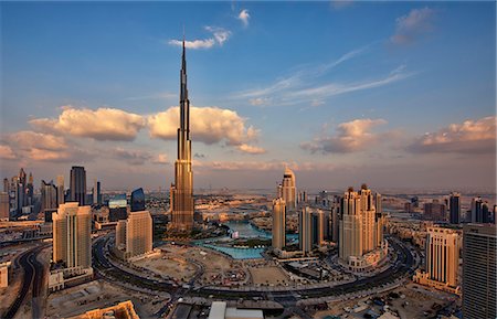 simsearch:649-07710299,k - Cityscape of Dubai, United Arab Emirates, with the Burj Khalifa skyscraper and other buildings in the foreground. Stock Photo - Premium Royalty-Free, Code: 6118-09028241