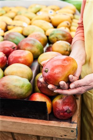simsearch:614-06169178,k - High angle view of person holding fresh mango at a fruit and vegetable market. Stock Photo - Premium Royalty-Free, Code: 6118-09148120