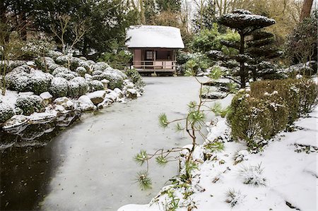 simsearch:6118-08521813,k - A small tea house in a Japanese style garden, traditional planting of evergreens and ice sheets on the water of the pool. Stock Photo - Premium Royalty-Free, Code: 6118-09148357