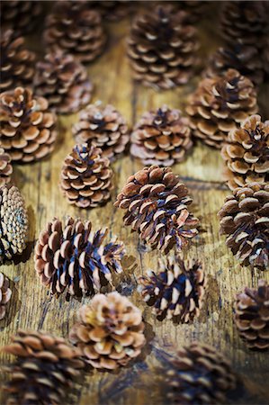 simsearch:6118-08521776,k - Dried pine cones of different shapes and sizes on wooden table. Stock Photo - Premium Royalty-Free, Code: 6118-09112123