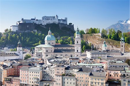 High angle view of the old town with Hohensalzburg Fortress, Dom Cathedral and Kappuzinerkirche Church, UNESCO World Heritage Site, Salzburg, Salzburger Land, Austria, Europe Stock Photo - Premium Royalty-Free, Code: 6119-07451850