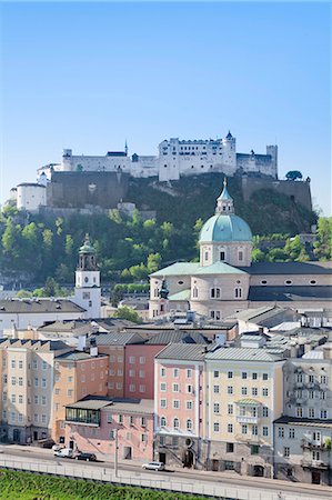 High angle view of the old town with Hohensalzburg Fortress, Dom Cathedral and Kappuzinerkirche Church, UNESCO World Heritage Site, Salzburg, Salzburger Land, Austria, Europe Stock Photo - Premium Royalty-Free, Code: 6119-07451851